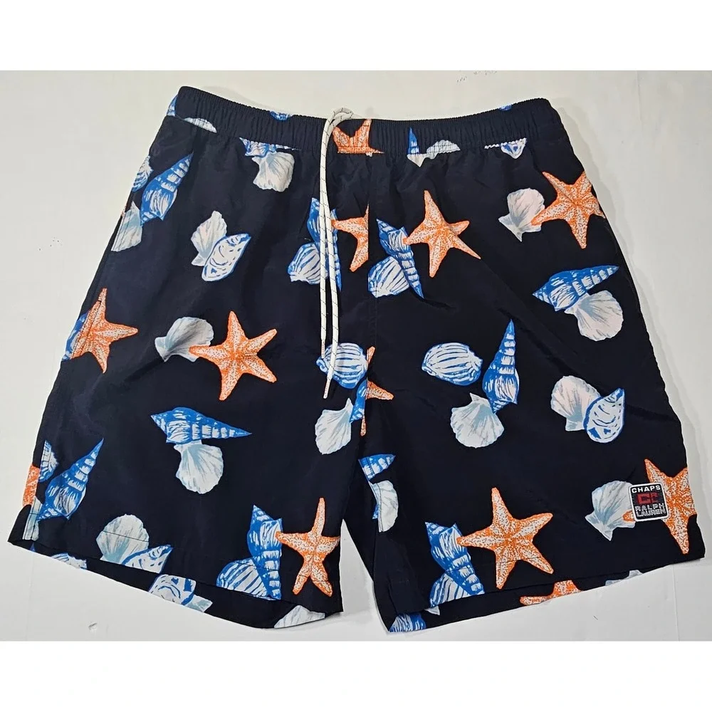 Chaps Ralph Lauren Men's Navy Blue‎ Seashell Starfish Swim Trunks Shorts Size L